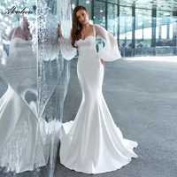 alonlivn elegant satin sweetheart mermaid wedding dress with lantern sleeves sweep train empire bridal gowns