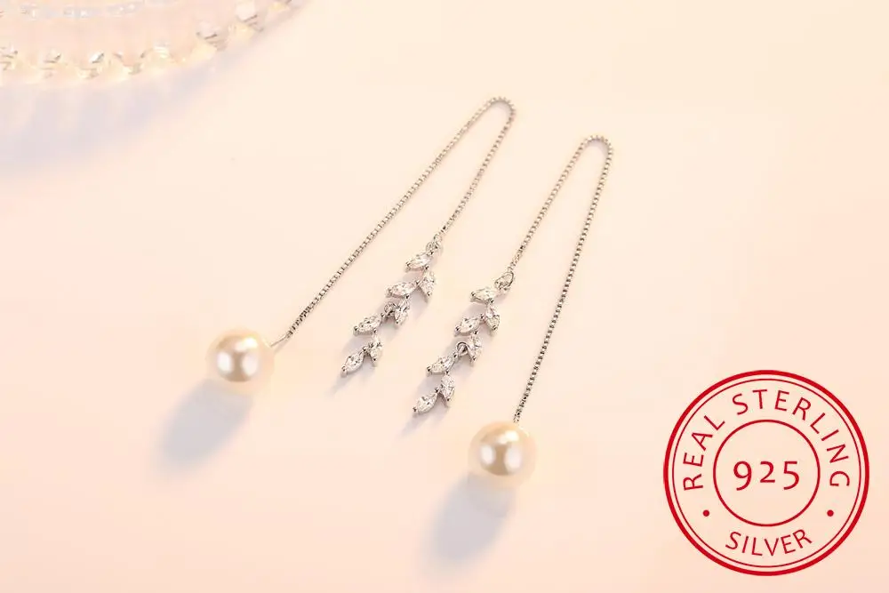 

925 пробы, серебряные серьги с фианитами и листьями, длинная цепочка, имитация жемчуга, серьги, серьги Brincos S-E282