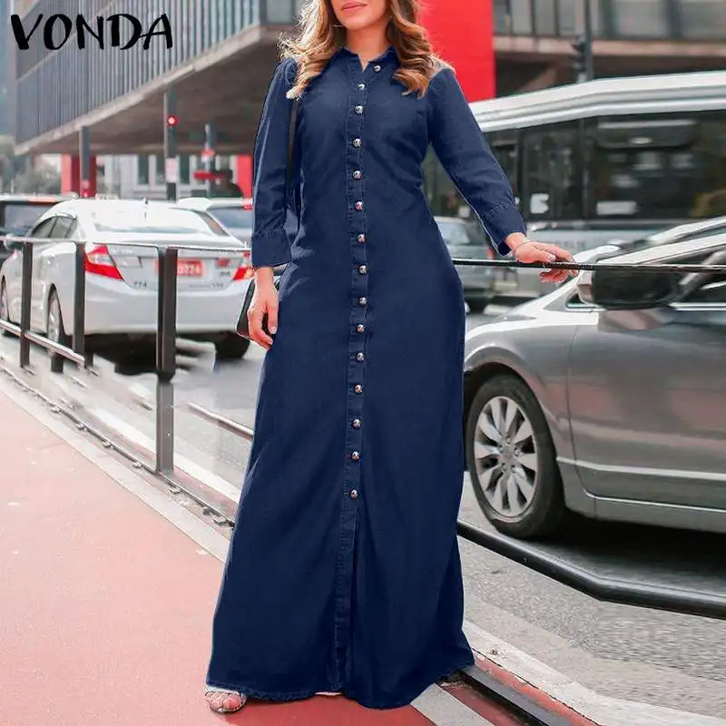 

Women Shirt Dress VONDA 2021 Casual Lapel Collar Long Sleeve Long Maxi Vestidos Denim Sundress Oversize Autumn Solid Sundress