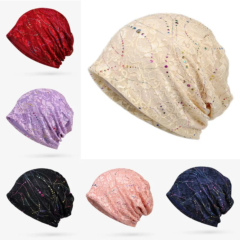 

Thin Lace Beanie Turban Hat Pregnant Female Solid Color Jacquard Hat New Arrival Summer Women Caps Skullies