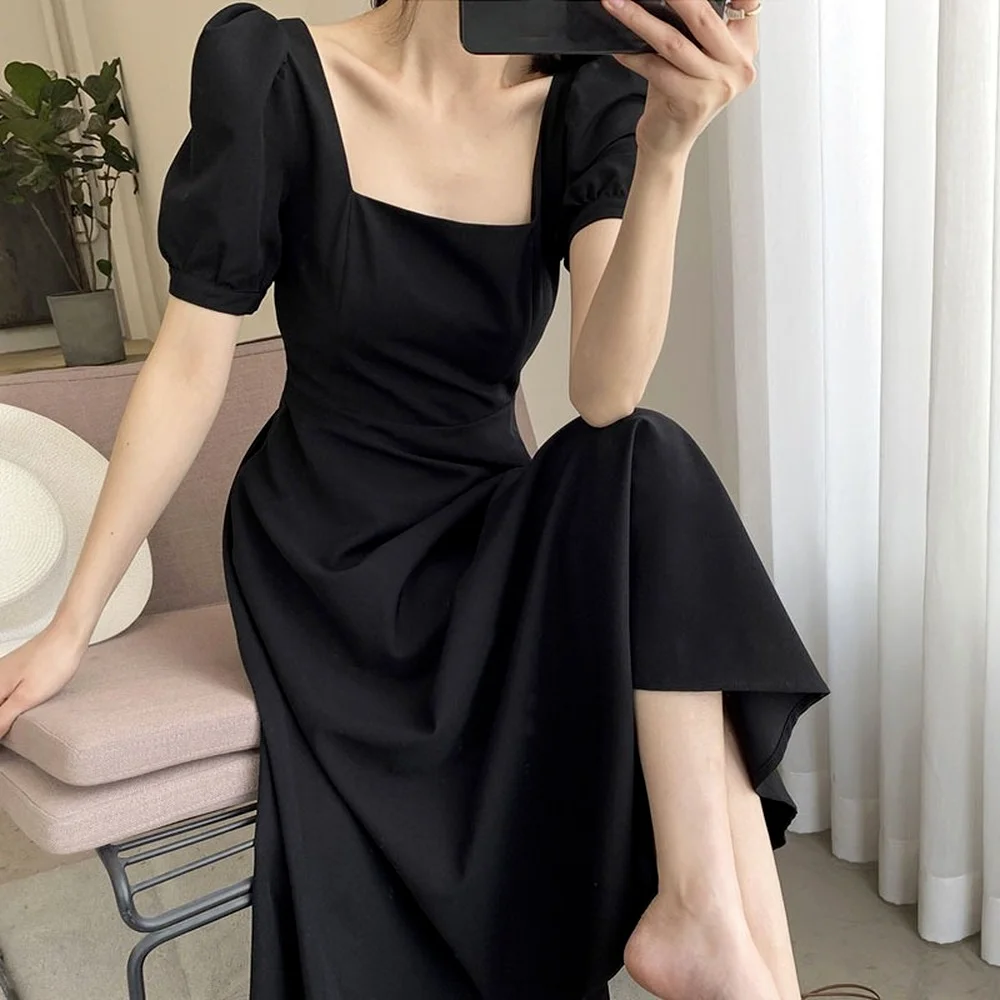 

Square Collar Black Casual Dresses for Women Short Sleeve Elegant Midi Dress Woman Korean Office Lady 2021 Summer Chic