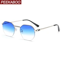 peekaboo blue polygon sunglasses for women half frame metal glasses for men octagonal male gradient lens uv400 2022 summer style