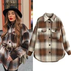 Женская твидовая куртка на пуговицах ZA, Повседневная Свободная куртка оверсайз с отложным воротником и длинным рукавом, в клетку, на весну