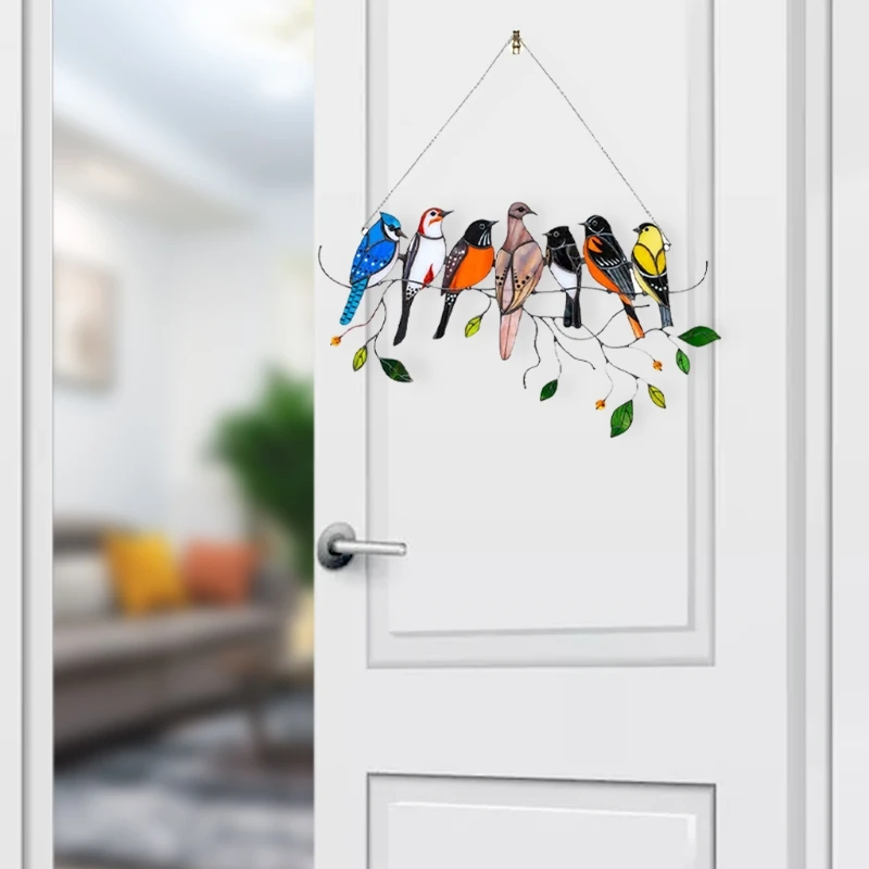

Multicolor Stained Birds on Wire Acrylic Suncatcher Window Panel Hanging Pendant Ornaments for Wall Home Decorations