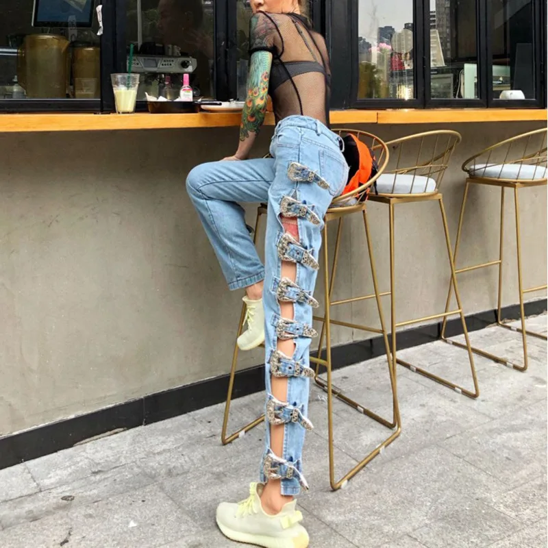 

Fashion Tide Summer New High Quality Hole Hollowing Out Metal Buckle Openwork Jeans Sexy Straight Women Trousers QJ559