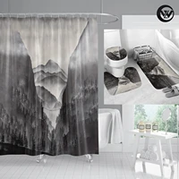 eco friendly shower curtain bath mat set chinese ink painting mountain peak landscape bathtub curtain polyester bathroom decor