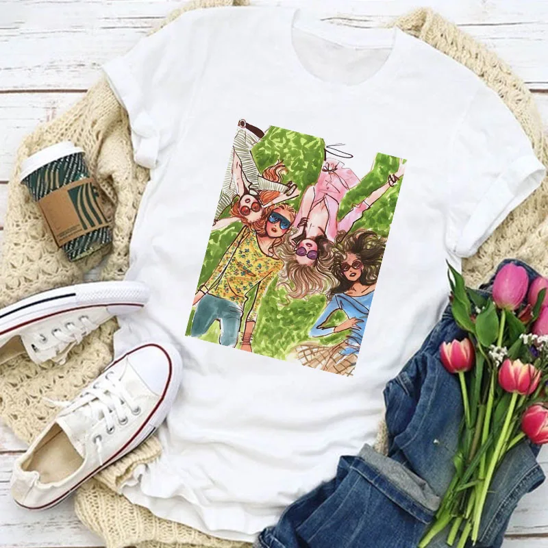 

2021 Hot Summer Women T Shirt Casual Tops Tee White Short Sleeve T Shirt Beauty of Bouquet Printed Harajuku Lady T-shirt