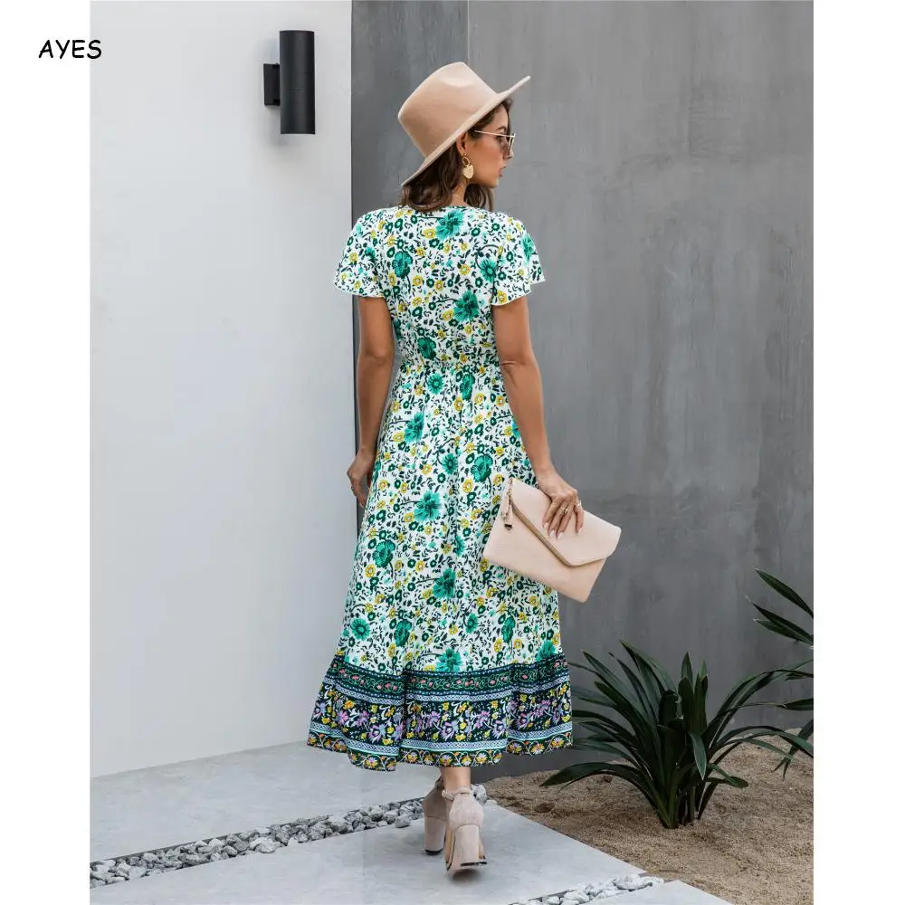 

Boho Print Dress Floral Maxi Dresses Elegant Beach Sash Sexy V Neck Split Print Tunic Long Summer Boho Dress Women Vestidos 2020