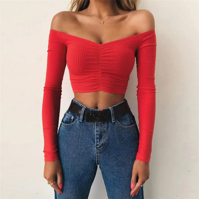 

women T-shirts sexy and club fashion female T-shirt long sleeve off shoulder solid color lady Tshirt autumn basic tees