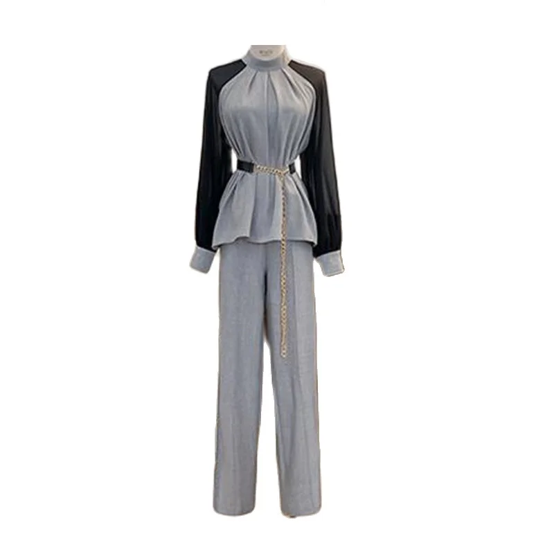 

Spring Autumn Fashion Professional Suit Female Stitching Long-sleeved Top + Wide-leg Pants Two-piece Set Women's Clothing ZM079