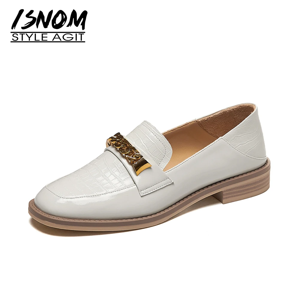 

ISNOM 2021 New Woman Flats Genuine Leather Soft Loafers Mules Shoes Square Toe Shoes Female Metal Decor Office Ladies Footwear