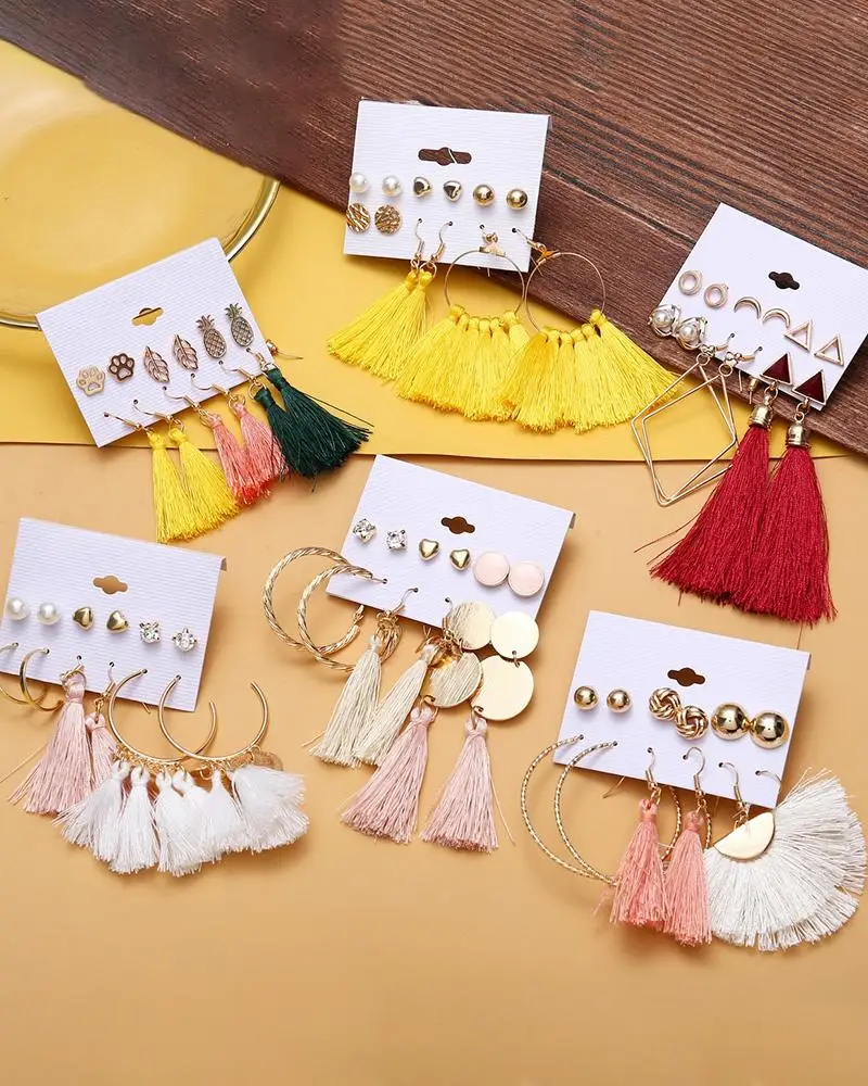 

6 Pairs Beaded Hoop Tassel Ear Cuff Earring Set