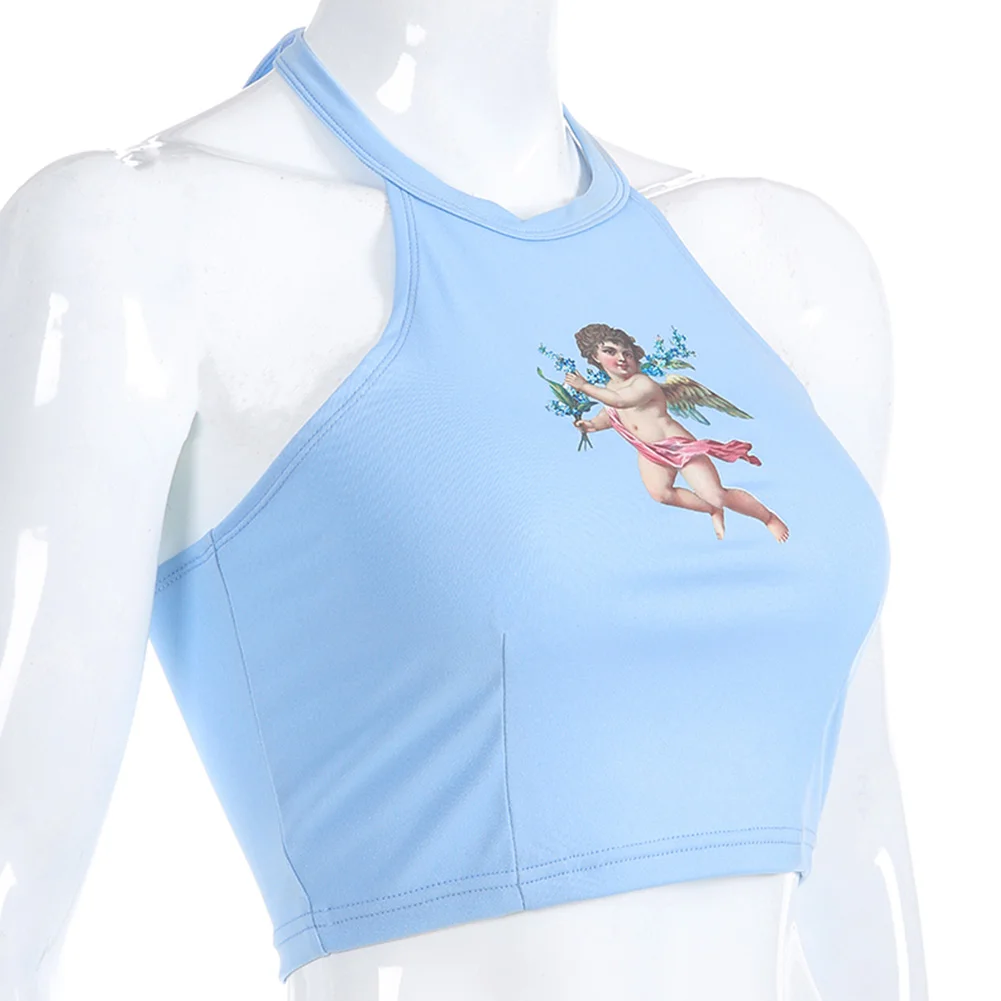 Летний короткий тонкий женский укороченный топ с открытой спиной жилет принтом