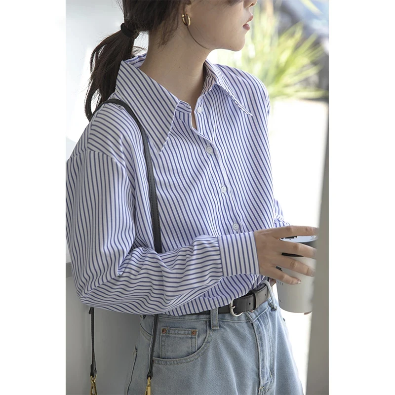 

Blue Vertical Striped Shirt Female 2021 Spring New Long Sleeve Shirt Top Workwear Plus Size Blouse Office Ladies Formal