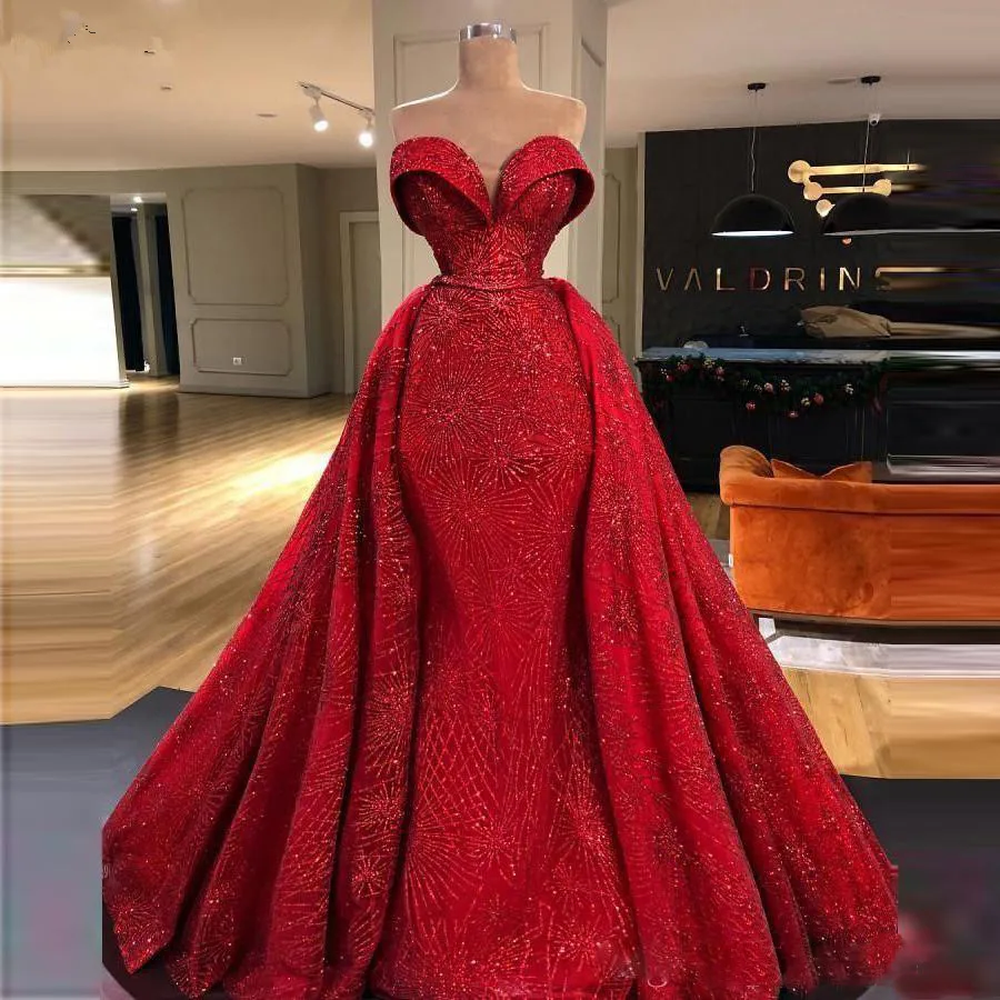 Red Overskirts Prom Dresses Shiny Appliques Sweetheart Mermaid Evening Dress Back Zipper Vestidos de novia Plus Size Party Gowns