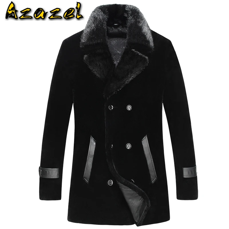 

Мужская куртка из натурального меха Azazel, шерстяное пальто с длинным воротником из овечьей шерсти и норкового меха, женская кожаная куртка ...