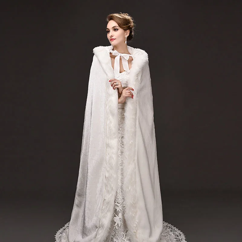 Top Quality Winter Wedding Long Cloak Fur Hooded Capes With Faux Edge Bridal White Bride Poncho Wraps | Женская одежда