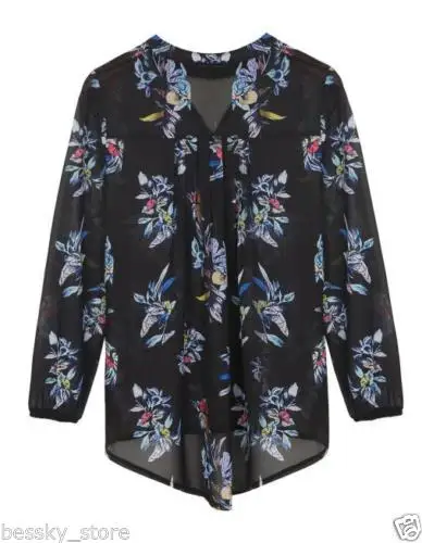 

Women Shirt V Neck Floral Loose Long Sleeve Chiffon T Shirt Blouse Tops