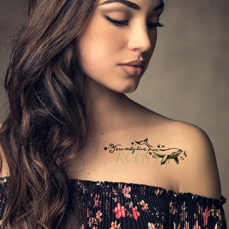 Водонепроницаемая Временная тату-наклейка Кит музыкальная надпись маленькая