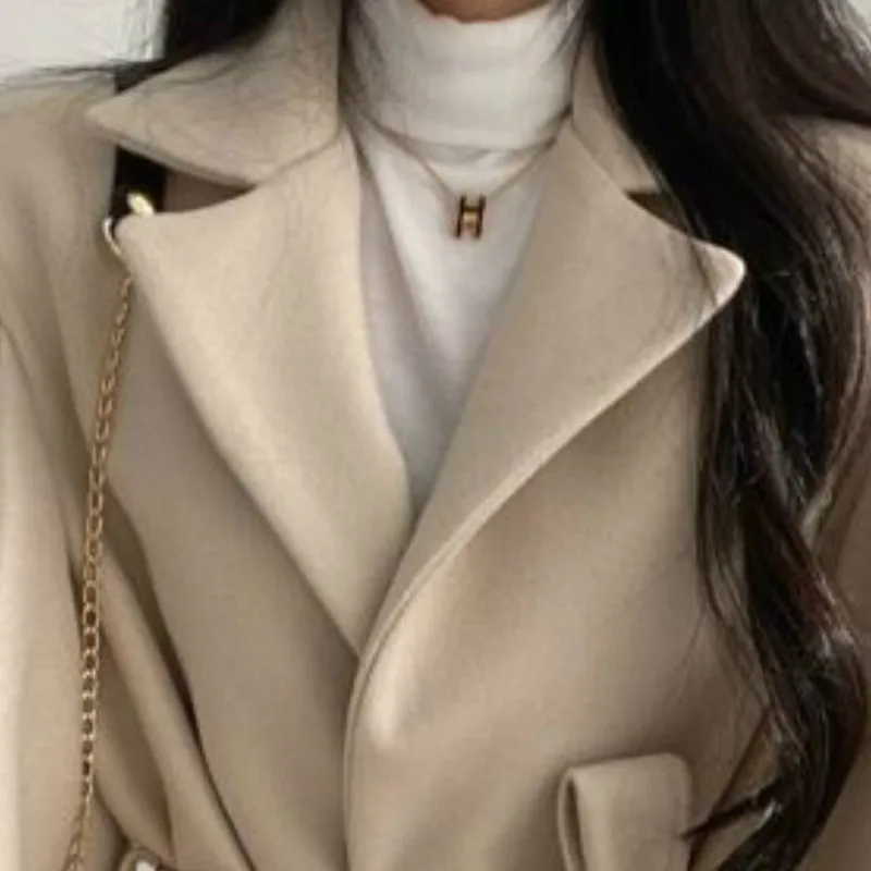 

Women Solid Wool Blend Coat Slim Fit Belt Coats Female Warm Plus Cotton Thicker V-neck Office Lady Elegant Trendy Button Outwear