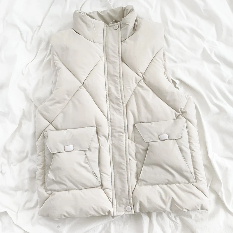 

Women Sleeveless Jacket New Autumn Winter Stand Collar Short Vest Coat Woman Zipper Warm Thick Waistcoat Parkas