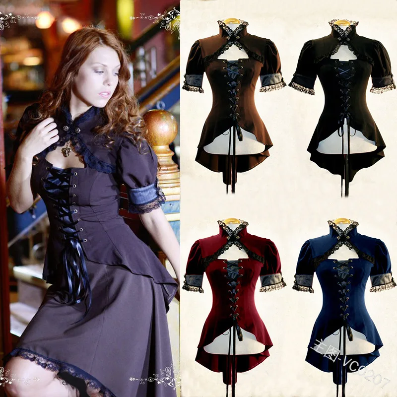 Женская кружевная блузка в стиле стимпанк винтажная облегающая с коротким
