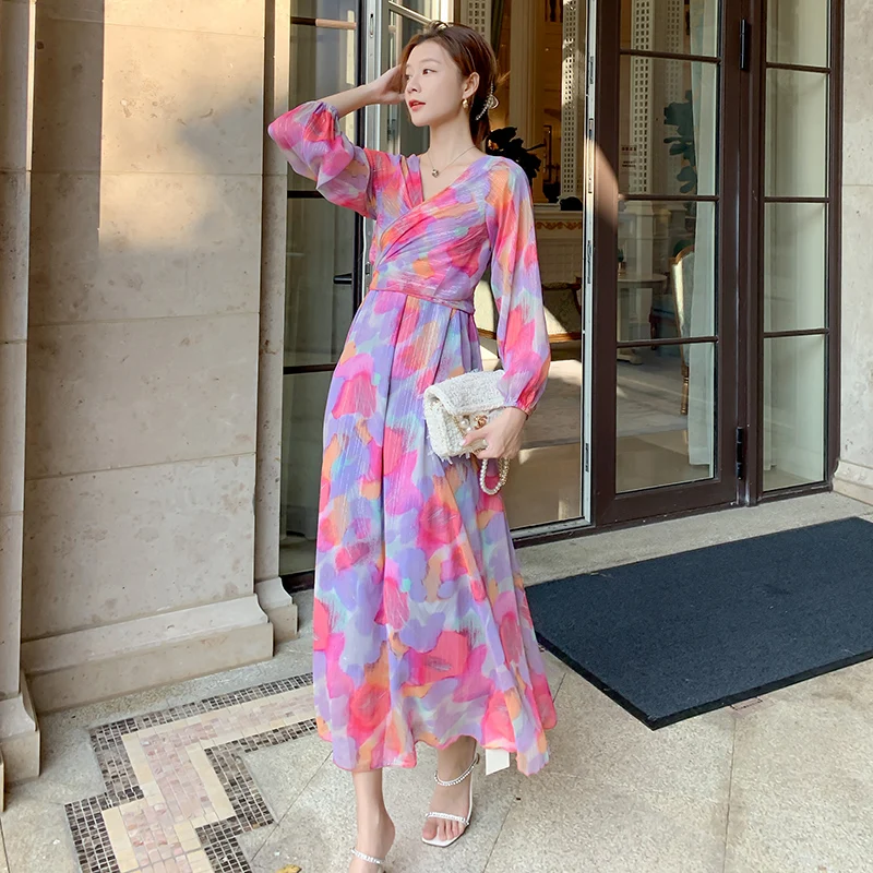 

Women Long Floral Printed Chiffon Dress Summer 2022 Boho Retro Elegant Casual Party Night Beach Vacation Runway Vestidos Korean