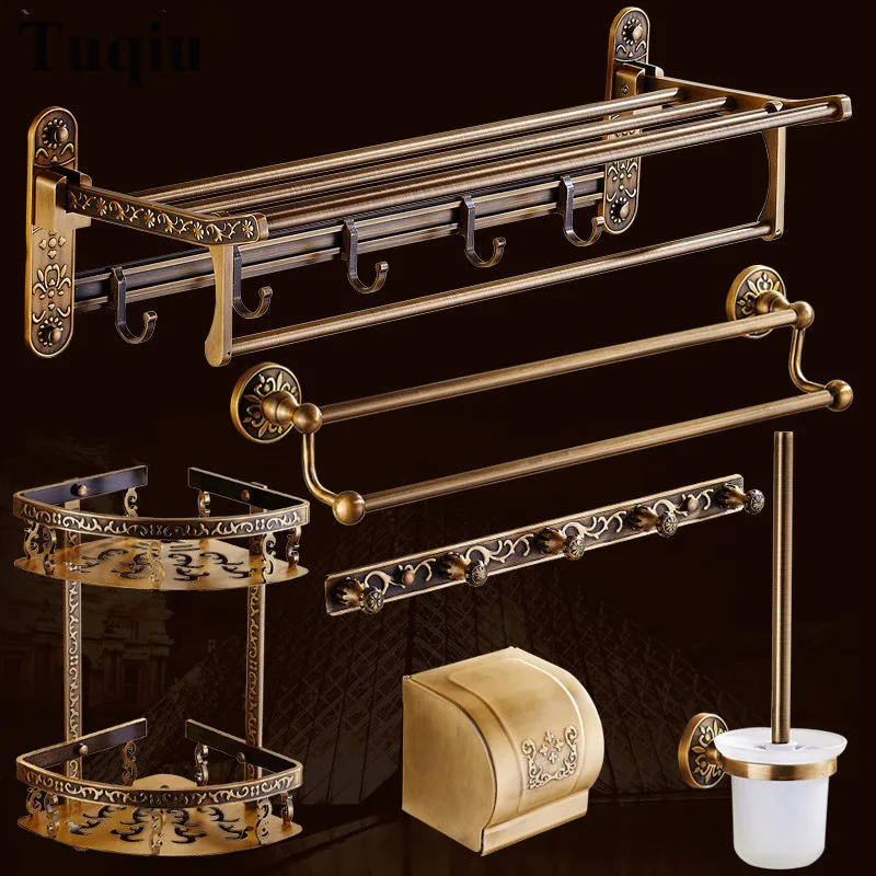 bathroom accessories set antique bronze carved aluminum bath hardware sets towel rackpaper holder toilet brush holderhooks free global shipping