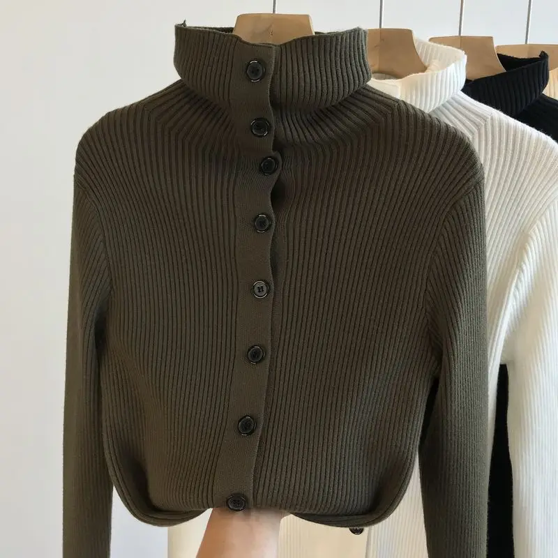 

2021 Winter Single-Breasted Slim Basic Knitted Sweater Cardigan for Women Turtleneck Sweaters Street Girls Knitwear Top Feminino