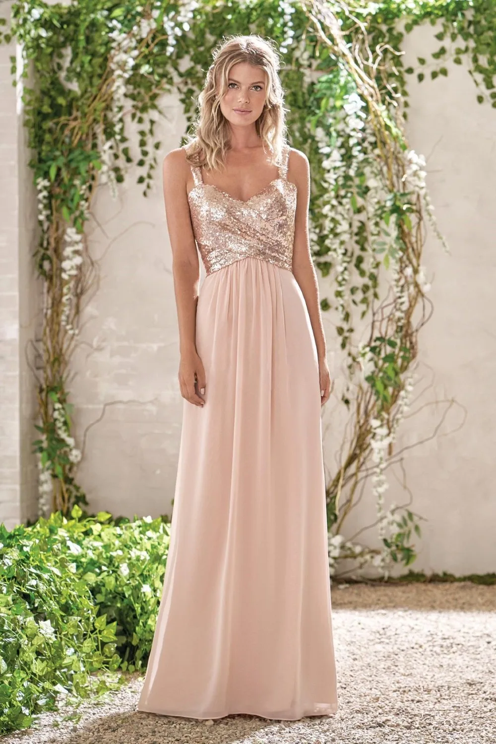 

2021 Elegant Rose Gold A Line Chiffon Bridesmaid Dresses Long Spaghetti Straps Sequin Top Prom Dresses Party Свадебное платье