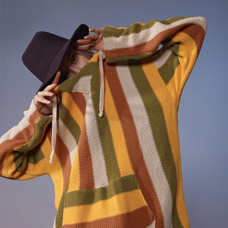 Shopping Online Custom Striped Knitted Bright Yellow Hoodies Pullover Sweater with Pocket |