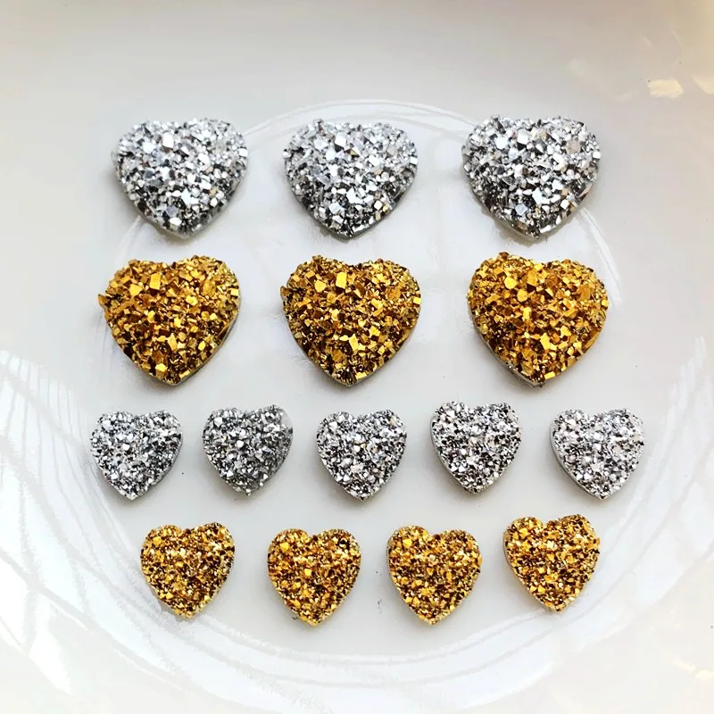 

12mm&8mmGold and Silver Heart Rhinestone Applique Flatback Crystal Stones Resin Gems Non Hotfix Strass for Decoration