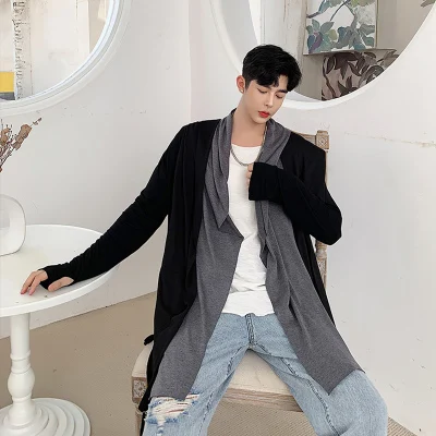 

Spring new dark South Korean version of men's medium-length false two hooded windbreaker hairdresser trend men Cardigan jacket