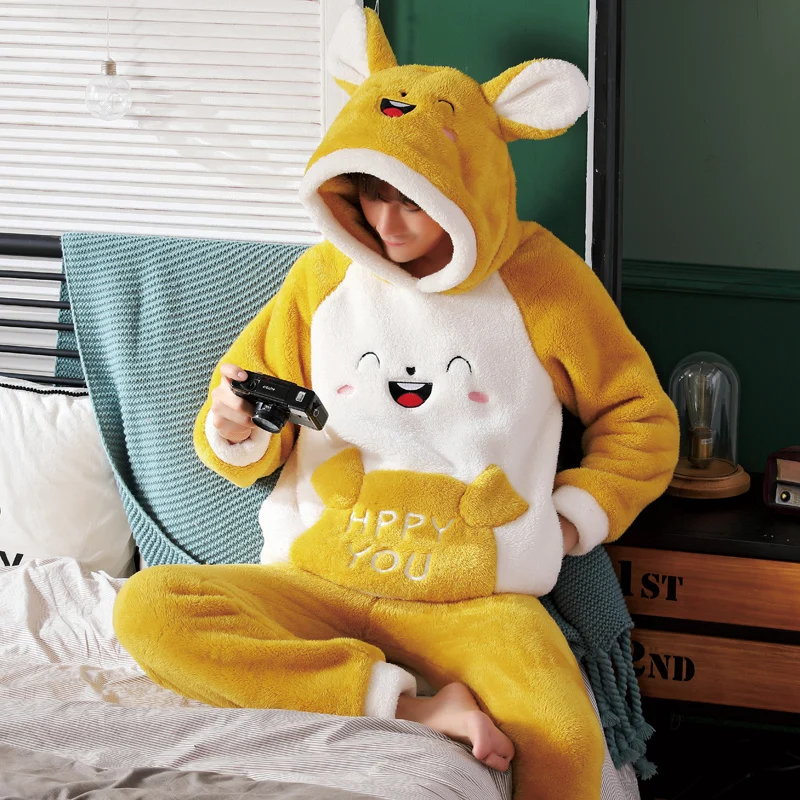 Теплая Милая флисовая Пижама для мужчин плотные плюшевые пижамные комплекты