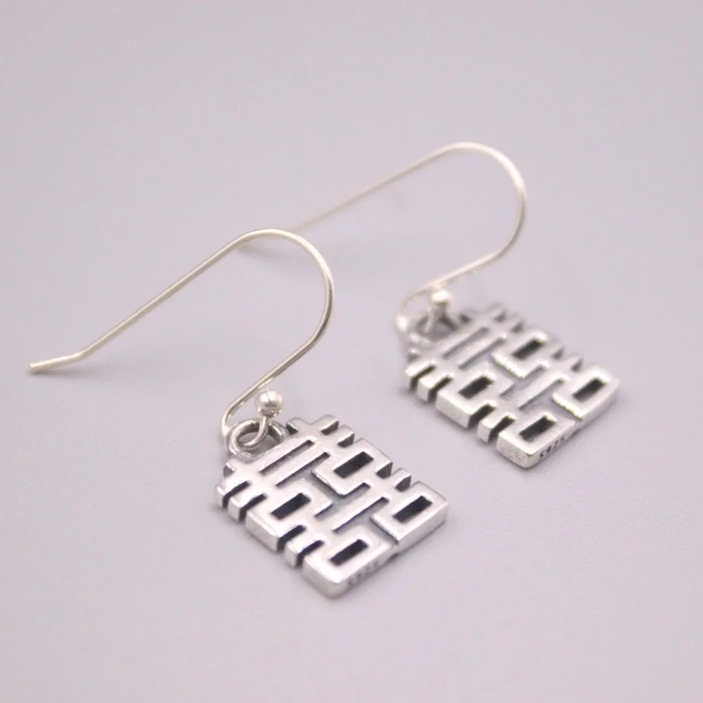 

Genuine Real 925 Sterling Silver with Chinese Happiness Word Dangle Earrings 0.90inch Length