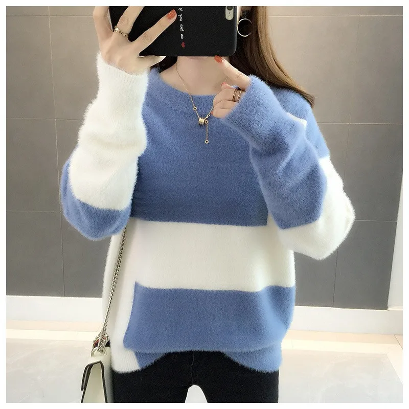 

New Mink Cashmere 2019 Autumn Winter Women Sweater Pullovers Soft Knitted Tops Jumper Loose Female O-Neck Pull Femme Hiver M195