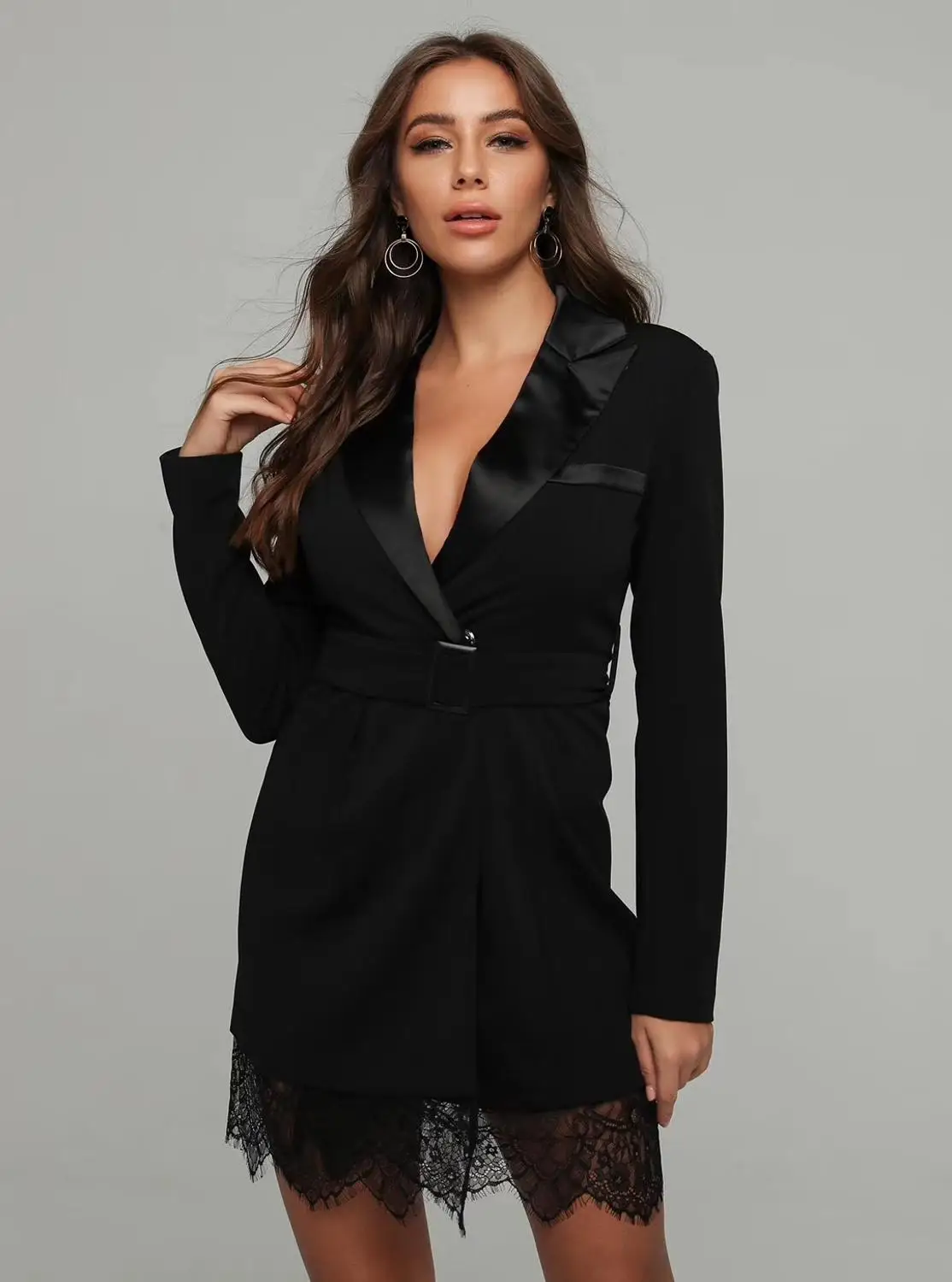 Высококачественное зимнее стильное сексуальное черное кружевное платье-блейзер