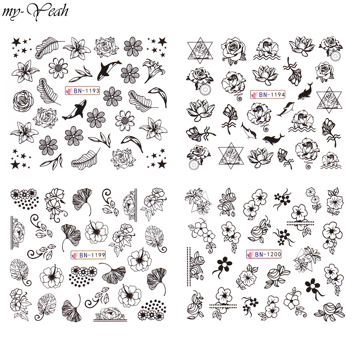 12Pcs Nail Art Flower Butterfly Series Black Water Transfer Stickers 3D DIY Watermark Decals Manicure Decoration Home | Красота и