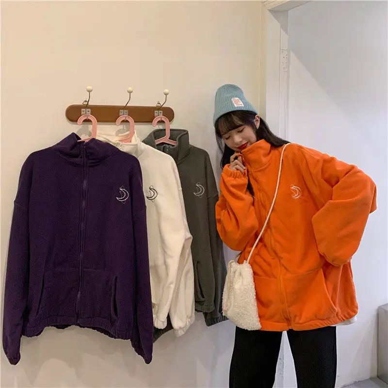 

Harajuku Embroidery Loose Vintage Warm Jacket Y2K Japanese Long Sleeve Solid Coat Women Winter Zip-up Casual Pocket Polar Fleece