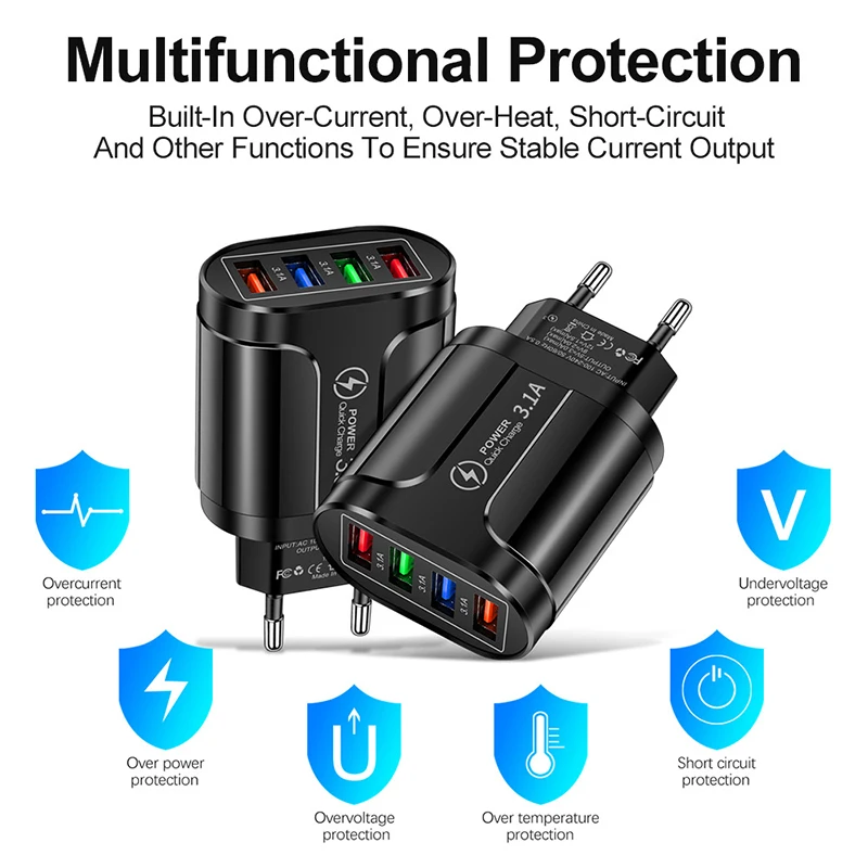 

1PC 4 Ports EU US Plug Adapter USB Charger Fast Charge Wall Charging Mobile ChargerTravel Luminous 4USB mobile phone charger