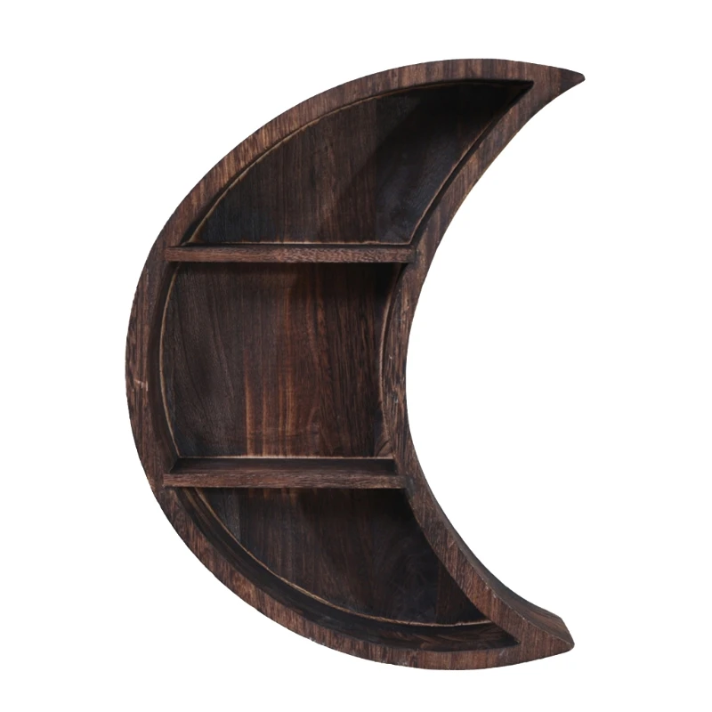 

E8BD Wall Hanging Wooden Moon Wall Shelf 3 Tier Crescent Phase Display Shelves Wall Decor Hanging Storage for Living Room