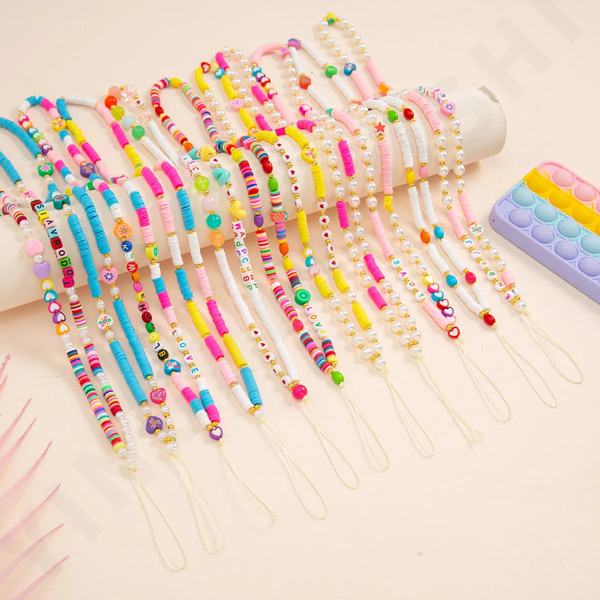 

2021 Mobile Phone Strap Lanyard Colorful Soft Pottery Pearl Heart Women Girls Polymer Clay Rope for Cell Phone Case Hanging Cord
