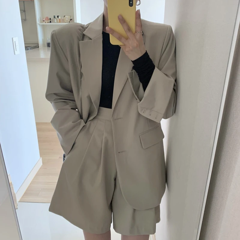 

2021 Spring Summer Women Korean Blazer Shorts 2 Piece Set Office Suits Business Casual Loose Jacket Outfits