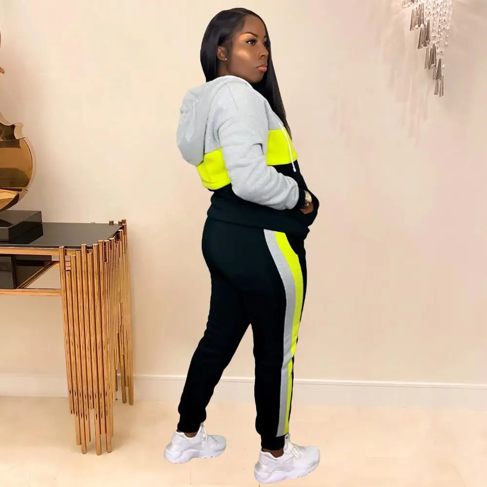 Геометрический Модный женский спортивный костюм с капюшоном и карманами пальто