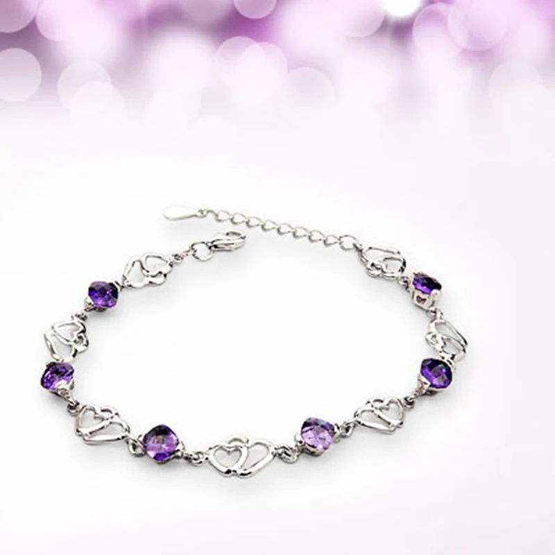 

Female Purple Crystal Charm Bracelets Love Bracelet For Women Heart Chain Link Bracelets