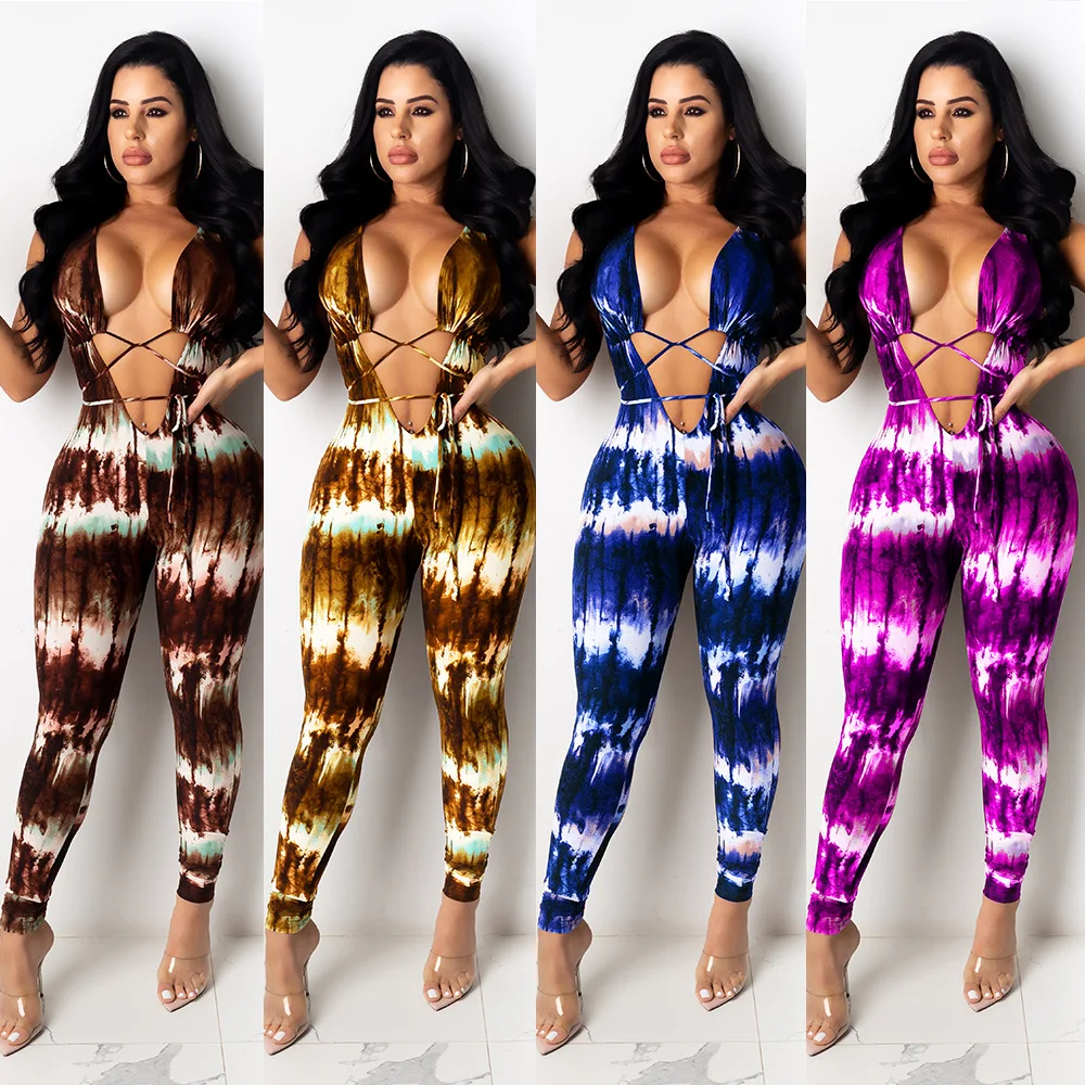 

Dilusoo Women Sexy Tie Dye Printing Jumpsuit Sexy V-neck Bandage Navel Jumpsuits Female Sleeveless Nightclub Rompers Ladies