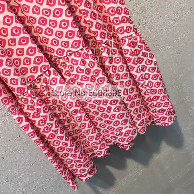 

Woman Red Pink Eyes Print Round Neck with Ties Short Cape Sleeves Fashion Midi Dress 2021