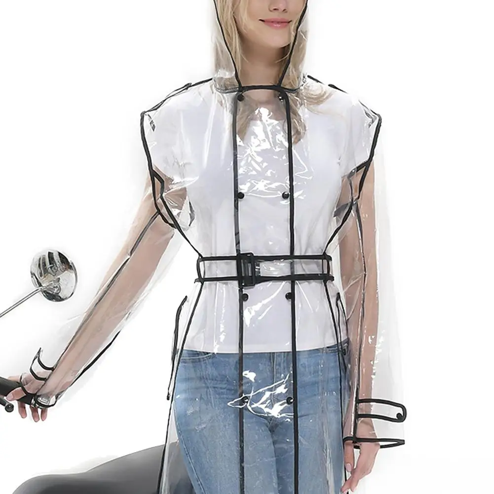 Женский прозрачный дождевик с поясом водонепроницаемая куртка прозрачное