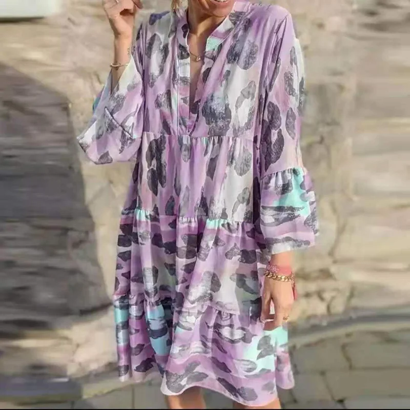 

Ladies summer fashion trendy print dresses for women 2021 new casual loose banquet dress V-neck long sleeve robe femme vestidos