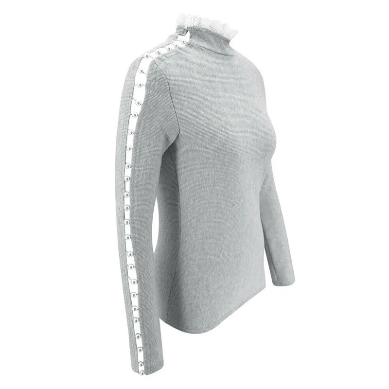 Модная женская кружевная ажурная водолазка с жемчугом топ серая Женская